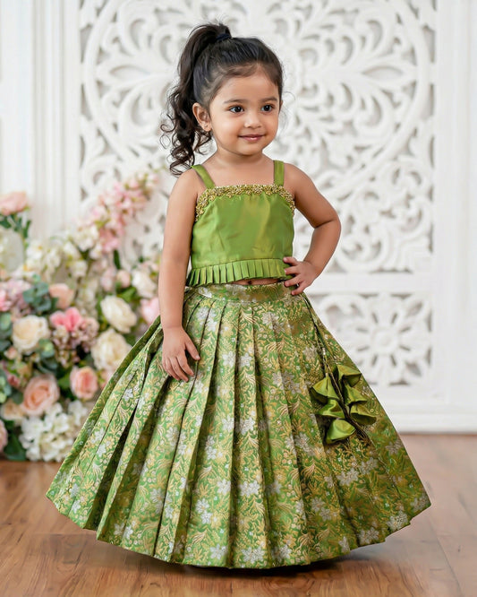 Pea green Banarasi silk lehenga choli for baby girls birthday dress traditional festive ethnic wear