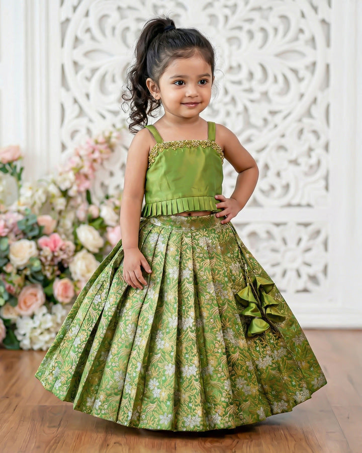 Pea green Banarasi silk lehenga choli for baby girls birthday dress traditional festive ethnic wear