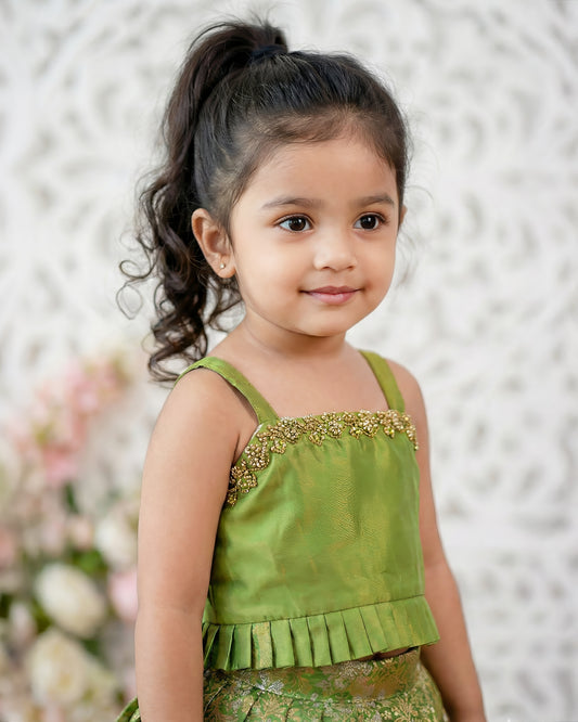 Pea green Banarasi silk lehenga choli for baby girls birthday dress traditional festive ethnic wear