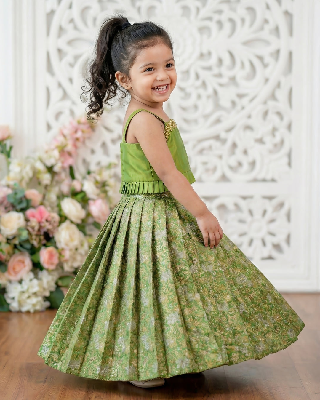 Pea green Banarasi silk lehenga choli for baby girls birthday dress traditional festive ethnic wear