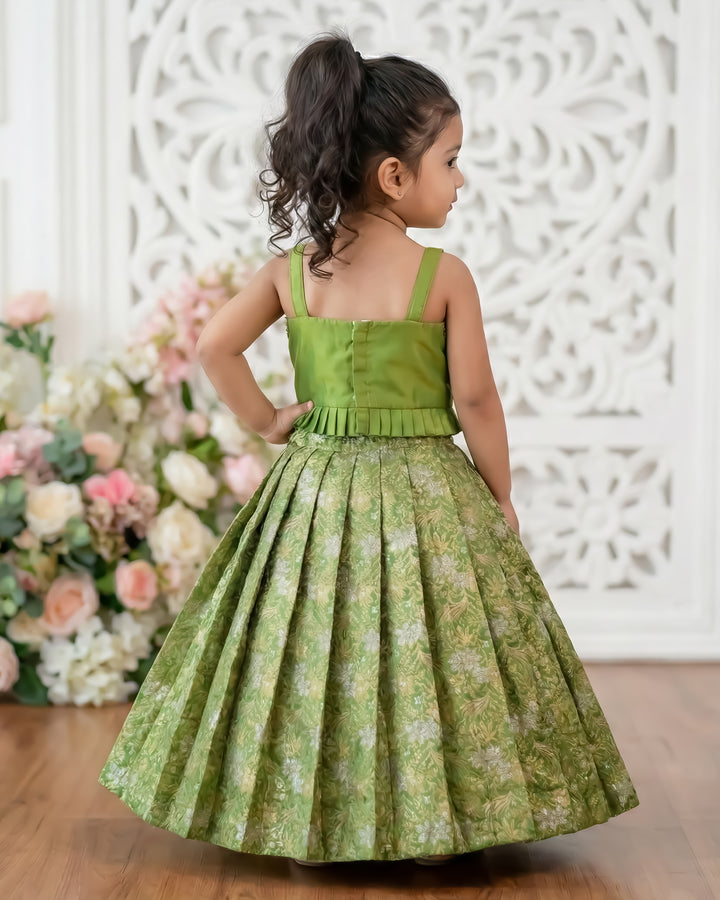 Pea green Banarasi silk lehenga choli for baby girls birthday dress traditional festive ethnic wear