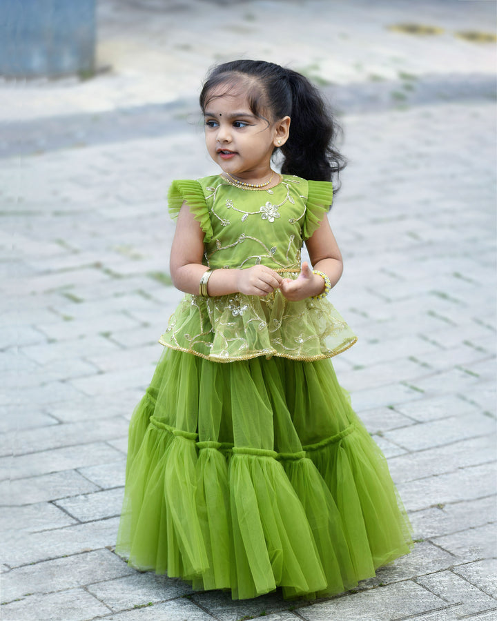 pea green designer lehenga choli for baby girls, birthday dress kids ethnic wear, premium festive outfit for girls, Stanwells Kids traditional partywear
