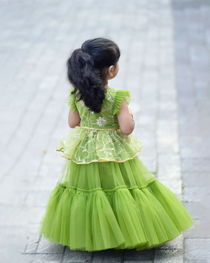 pea green designer lehenga choli for baby girls, birthday dress kids ethnic wear, premium festive outfit for girls, Stanwells Kids traditional partywear