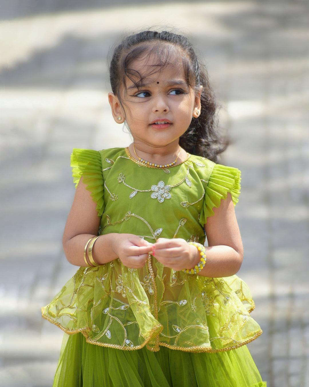 pea green designer lehenga choli for baby girls, birthday dress kids ethnic wear, premium festive outfit for girls, Stanwells Kids traditional partywear