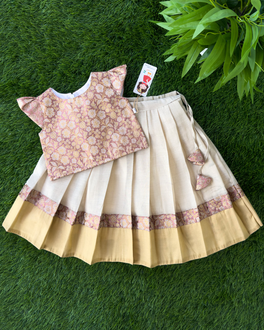 Peach brocade gold Kerala Kasavu Onam lehenga for baby girl, Stanwells Kids