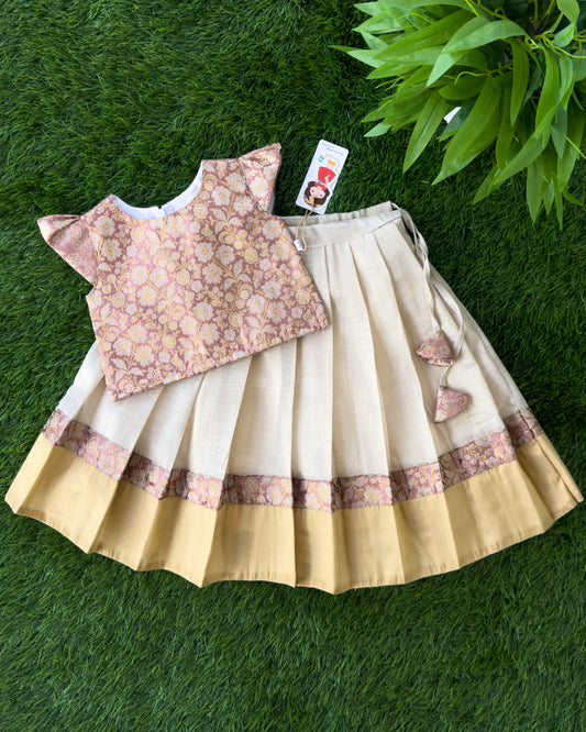 Peach brocade gold Kerala Kasavu Onam lehenga for baby girl, Stanwells Kids