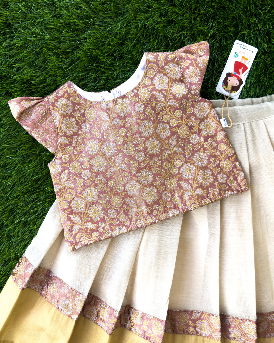 Peach Banarasi silk blouse with Kasavu skirt for Onam, Stanwells Kids