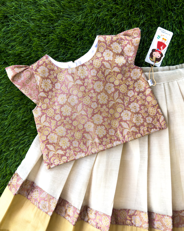 Peach Banarasi silk blouse with Kasavu skirt for Onam, Stanwells Kids
