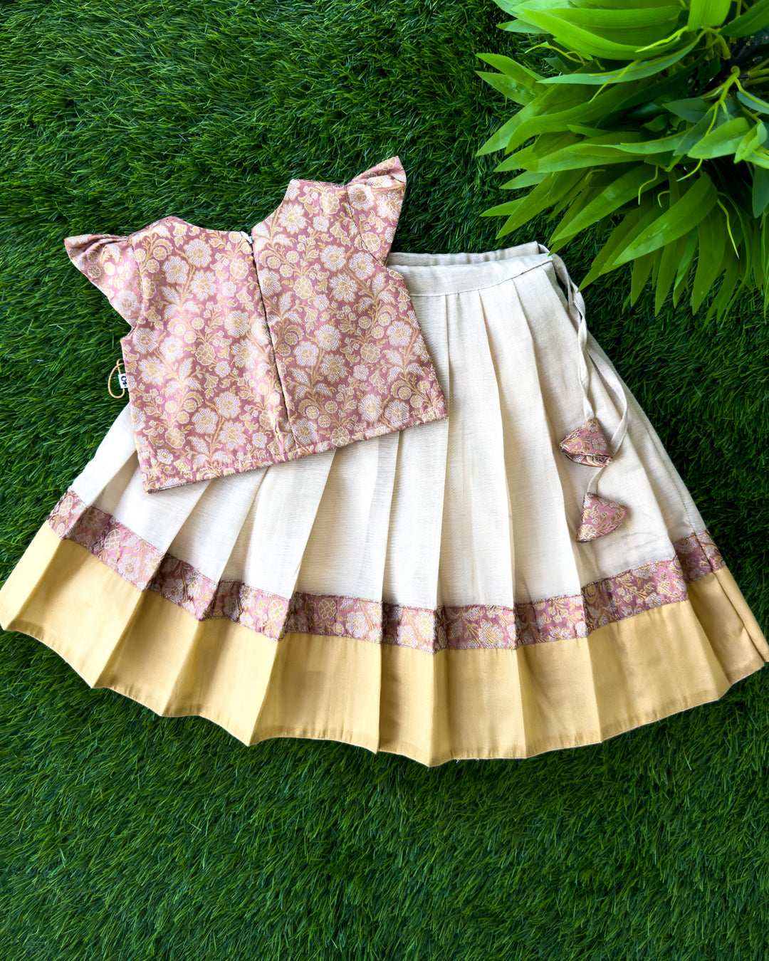 Traditional peach gold Onam lehenga for girls 3 months to 7 years, Stanwells Kids