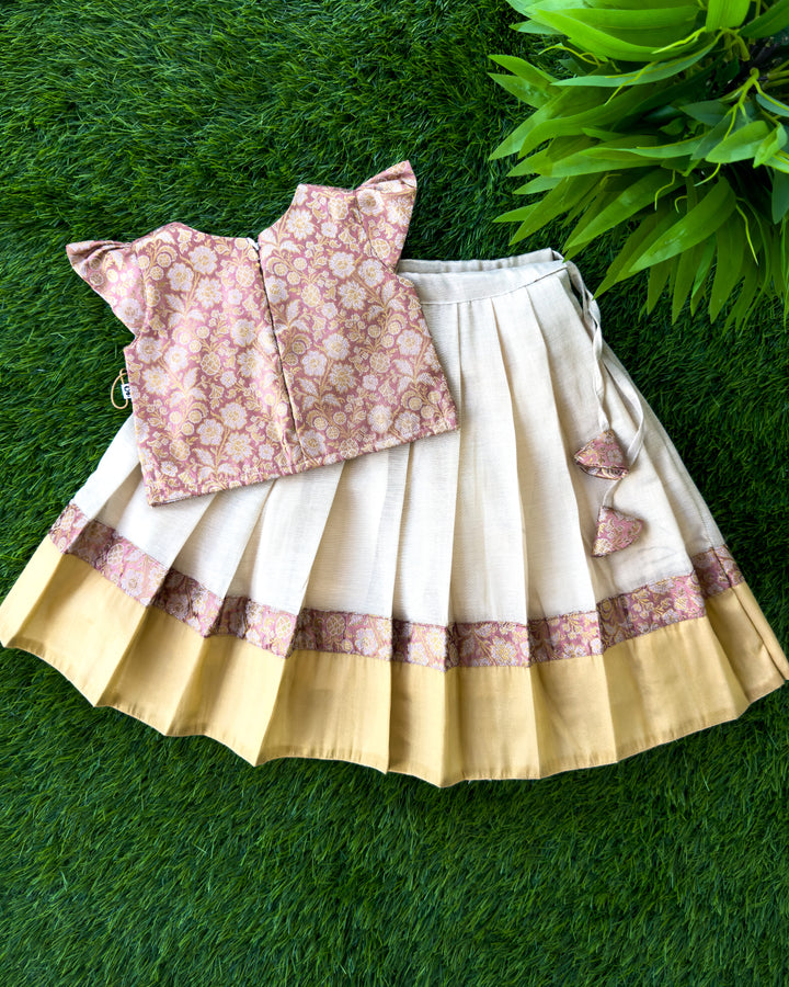 Traditional peach gold Onam lehenga for girls 3 months to 7 years, Stanwells Kids