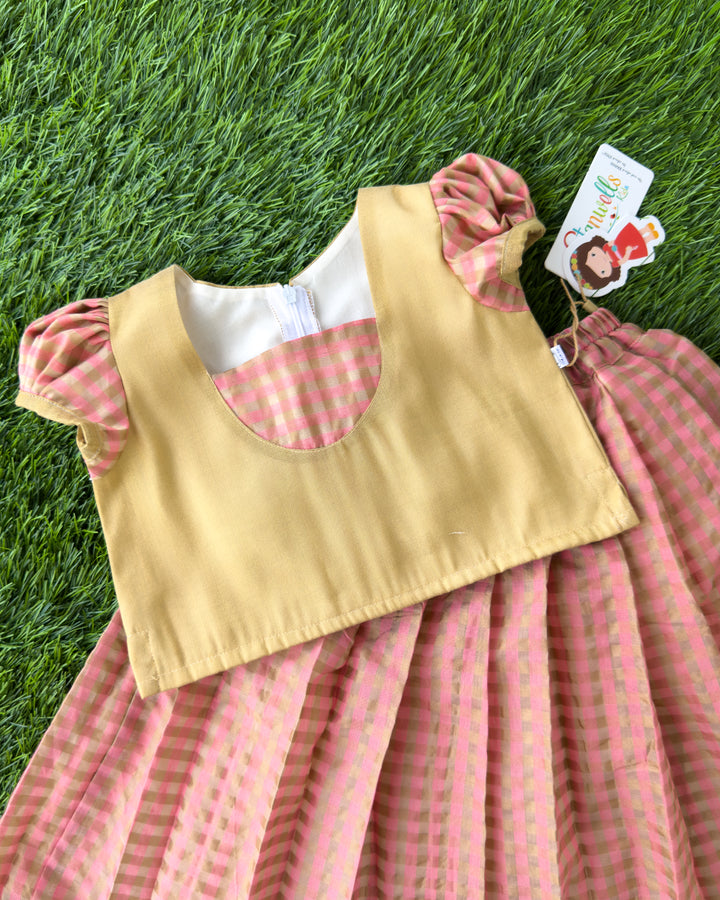 Golden brocade blouse with peach Chanderi check skirt for girls, Stanwells Kids