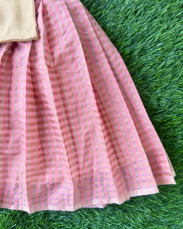 Pleated peach Chanderi silk skirt for traditional Onam outfit, Stanwells Kids