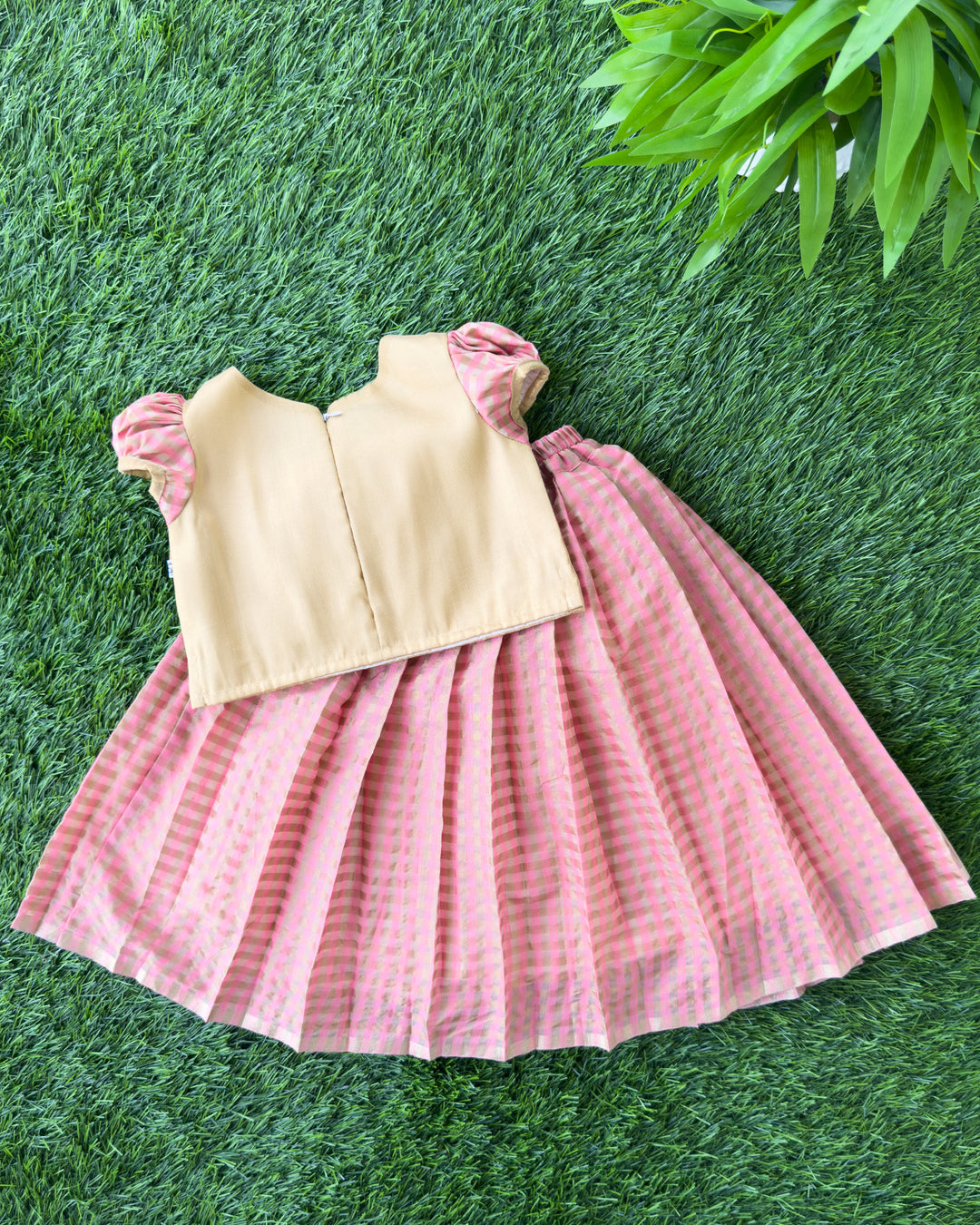 Peach Chanderi check lehenga choli for festive occasions, ages 3 months to 7 years, Stanwells Kids