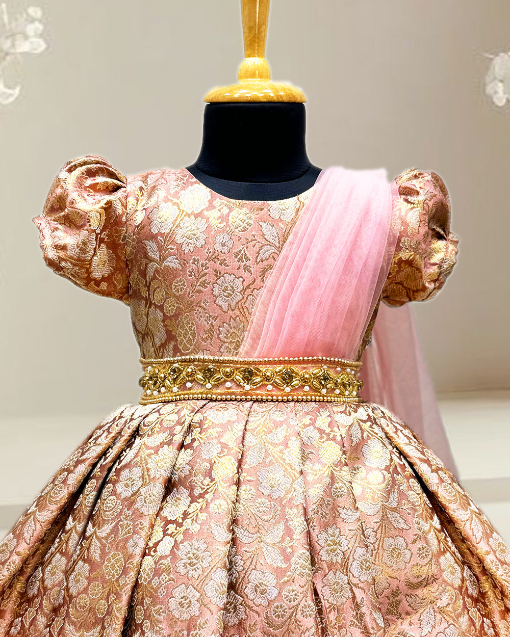 Peach Banarasi saree frock, baby girls birthday dress, traditional handwork partywear, Banarasi brocade frock for kids