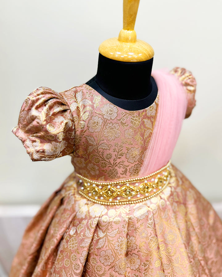 Peach Banarasi saree frock, baby girls birthday dress, traditional handwork partywear, Banarasi brocade frock for kids