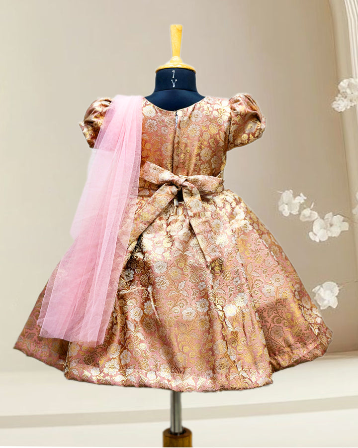 Peach Banarasi saree frock, baby girls birthday dress, traditional handwork partywear, Banarasi brocade frock for kids