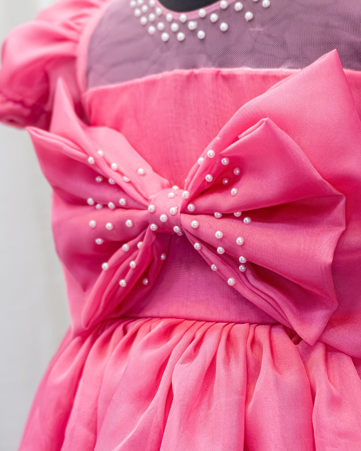 Peach organza frock, elegant bow dress for baby girls, birthday dress for kids, premium party wear frock, toddler birthday outfit, Stanwells Kids fashion