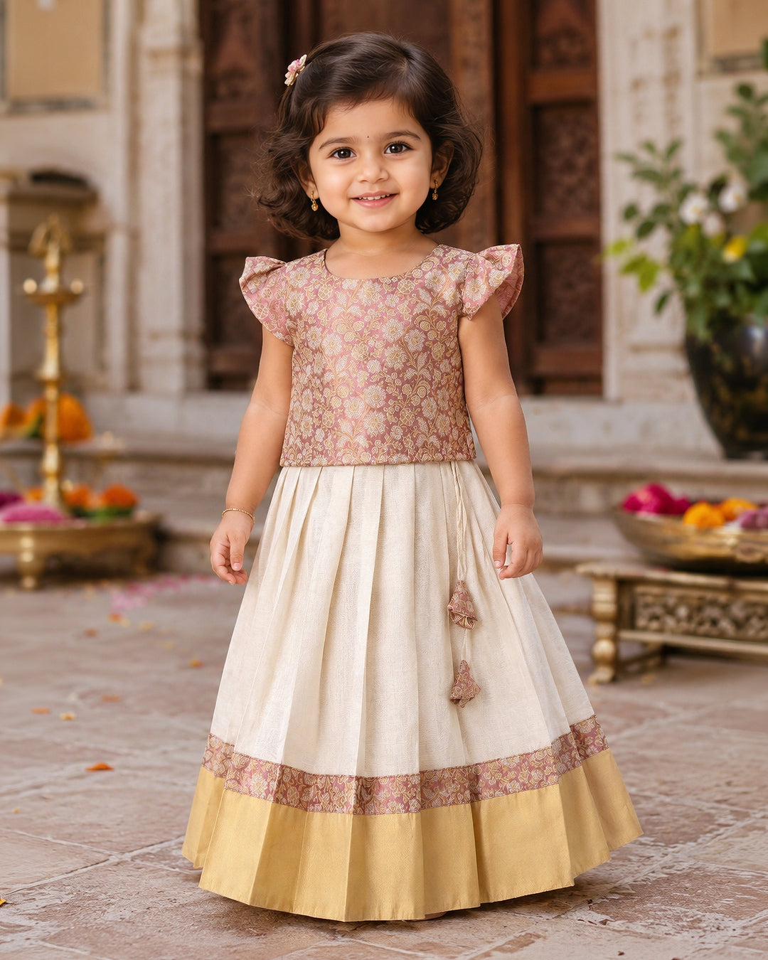 Peach Brocade Tissue Gold Onam Lehenga for Baby Girl – Stanwells Kids