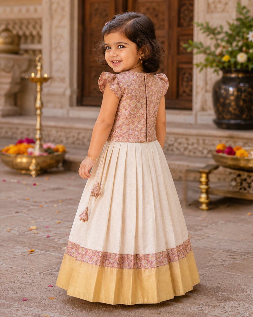 Peach brocade gold Kerala Kasavu Onam lehenga for baby girl, Stanwells Kids