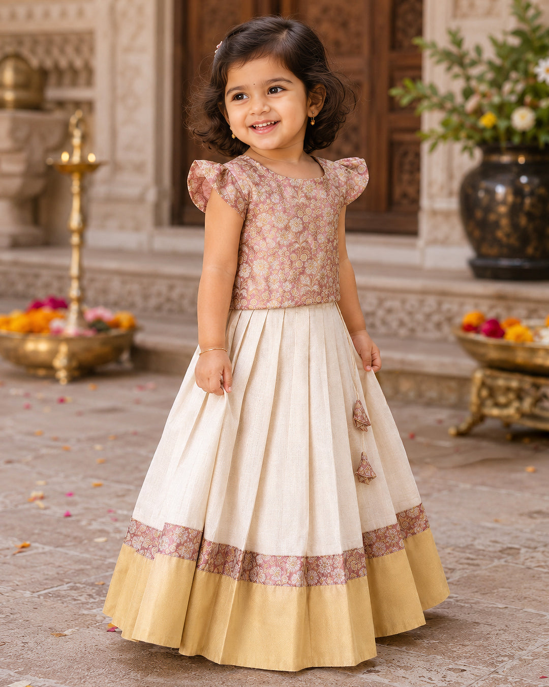 Peach brocade gold Kerala Kasavu Onam lehenga for baby girl, Stanwells Kids