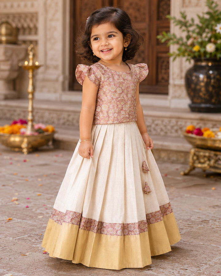 Peach brocade gold Kerala Kasavu Onam lehenga for baby girl, Stanwells Kids