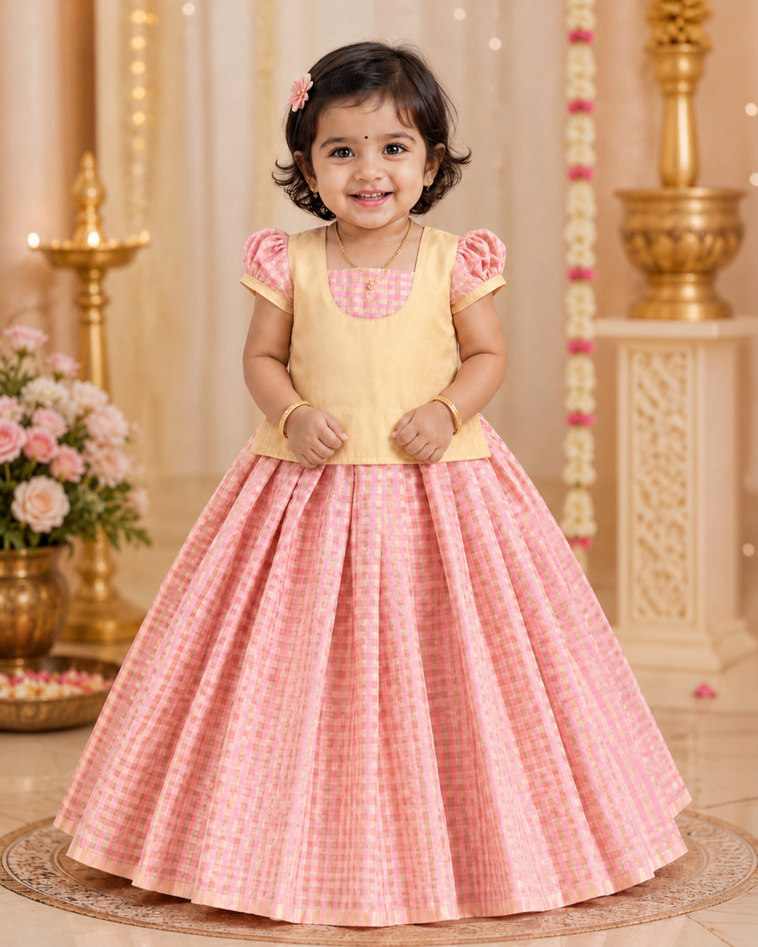 Peach Chanderi silk check lehenga choli for baby girl, Stanwells Kids