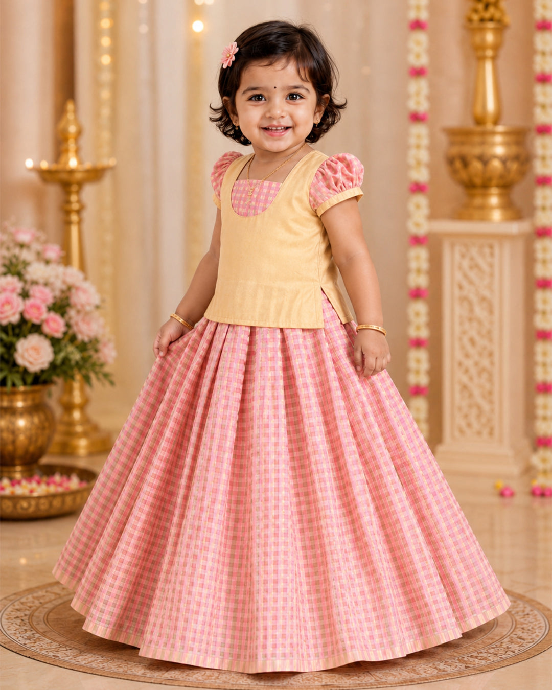Peach Chanderi silk check lehenga choli for baby girl, Stanwells Kids