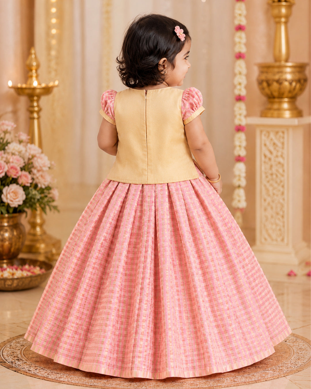 Peach Chanderi silk check lehenga choli for baby girl, Stanwells Kids