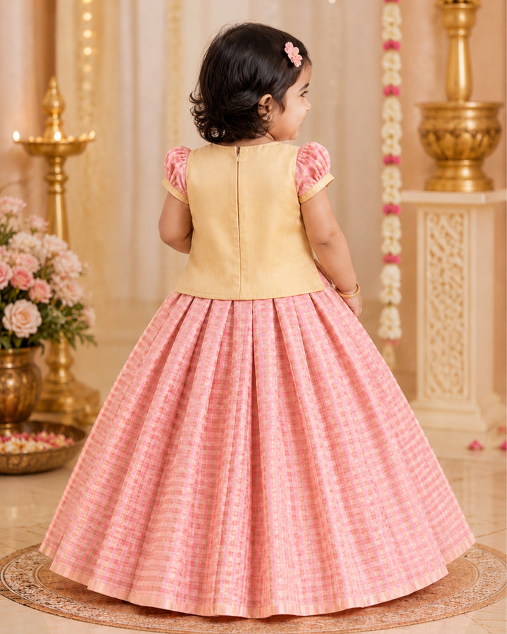 Peach Chanderi silk check lehenga choli for baby girl, Stanwells Kids