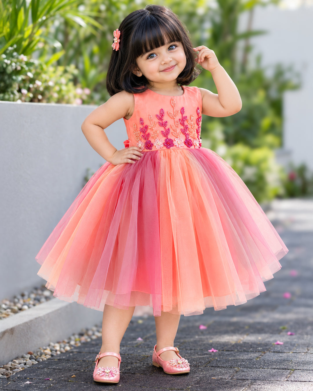 Peach and coral flower handwork dual shade frock for baby girls birthday dress