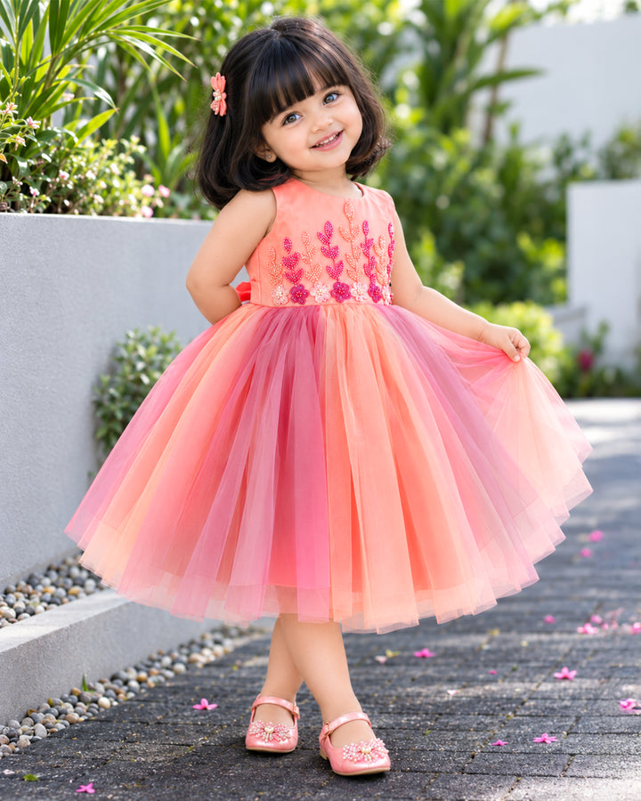 Peach and coral flower handwork dual shade frock for baby girls birthday dress