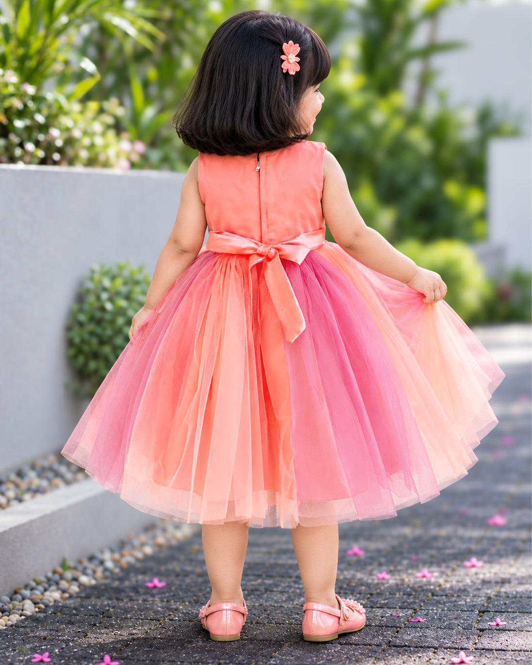 Peach and coral flower handwork dual shade frock for baby girls birthday dress