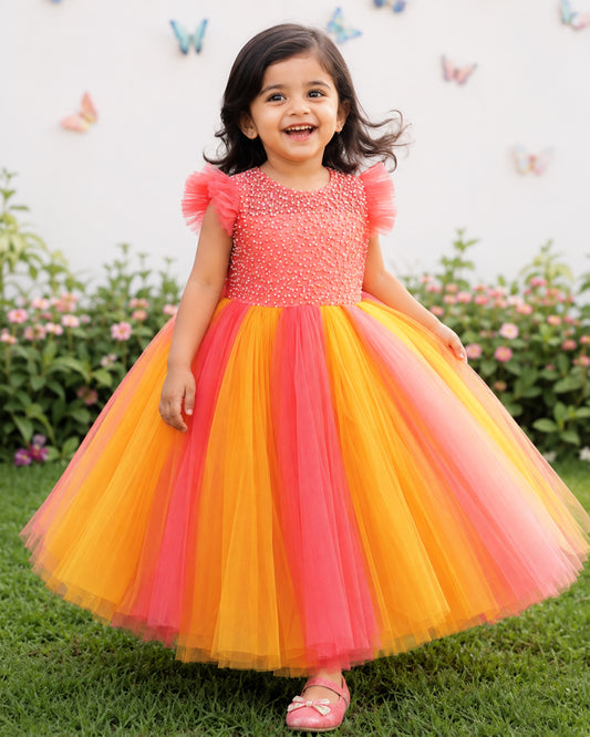 Peach mango yellow handwork layered gown front view baby girl – Stanwells Kids