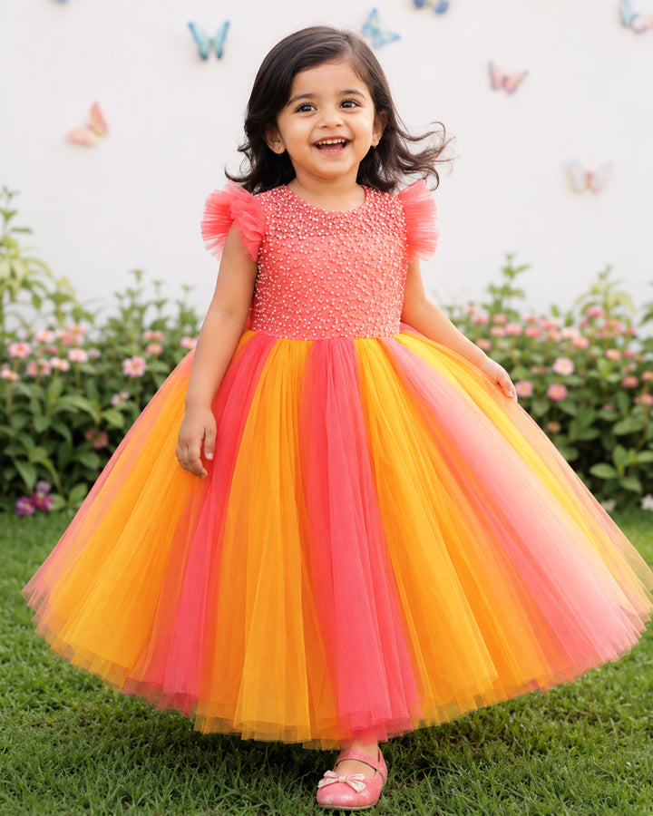 Peach mango yellow handwork layered gown front view baby girl – Stanwells Kids