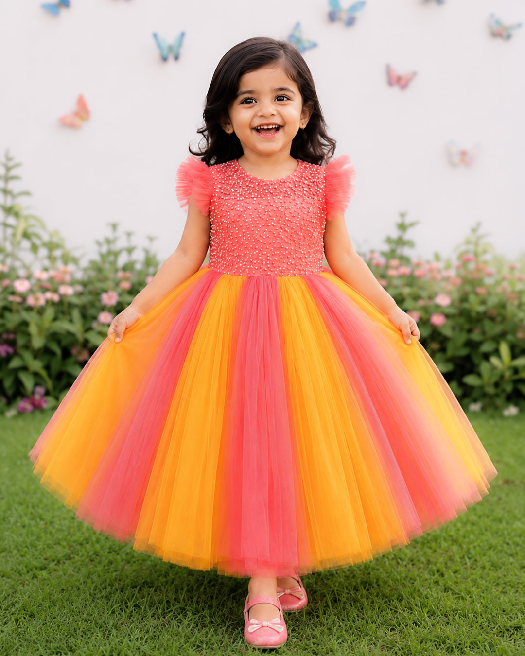 Peach mango yellow handwork layered gown front view baby girl – Stanwells Kids