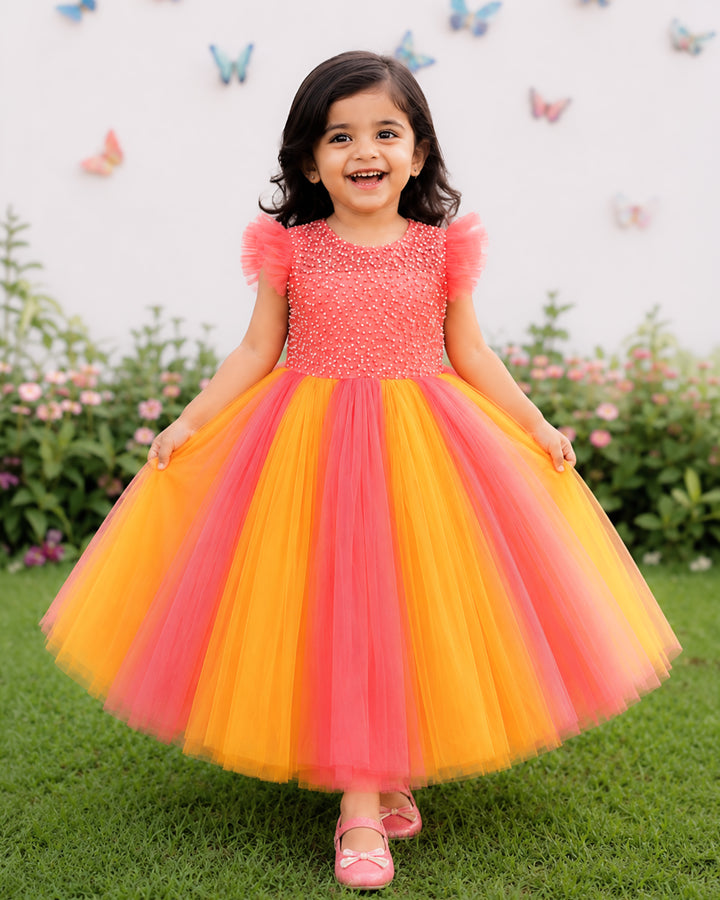 Peach mango yellow handwork layered gown front view baby girl – Stanwells Kids