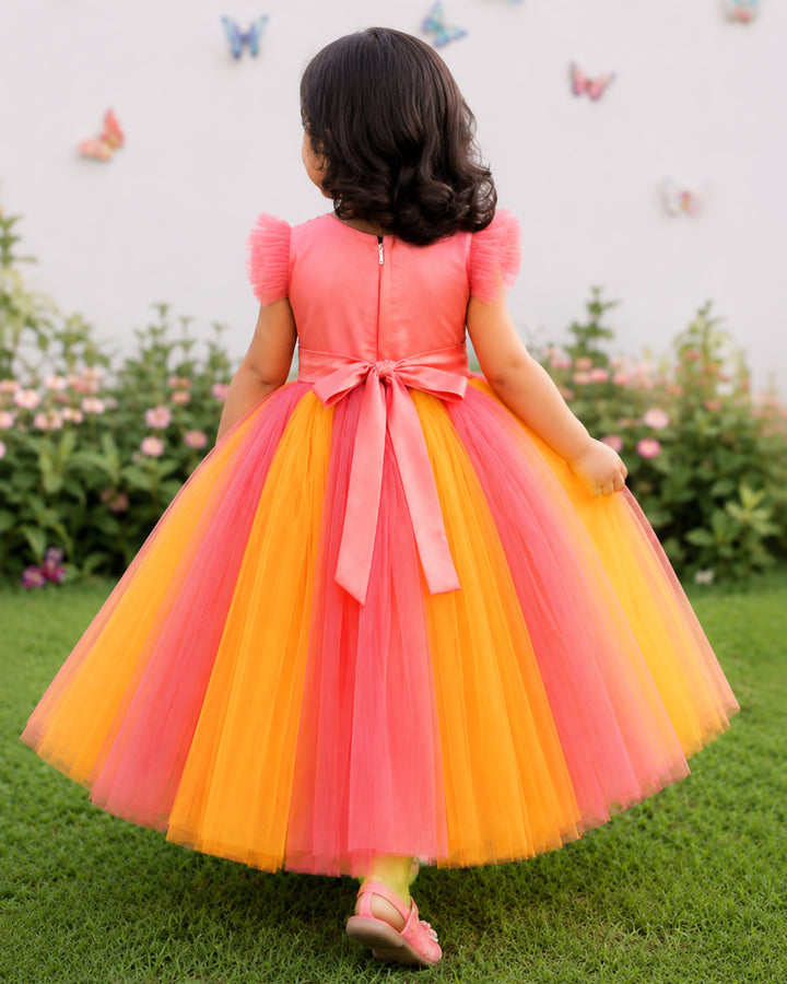 Peach mango yellow handwork layered gown front view baby girl – Stanwells Kids