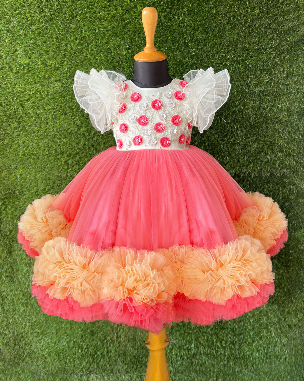 Peach off-white sequins handwork party wear frock for baby girls, ruffles birthday dress