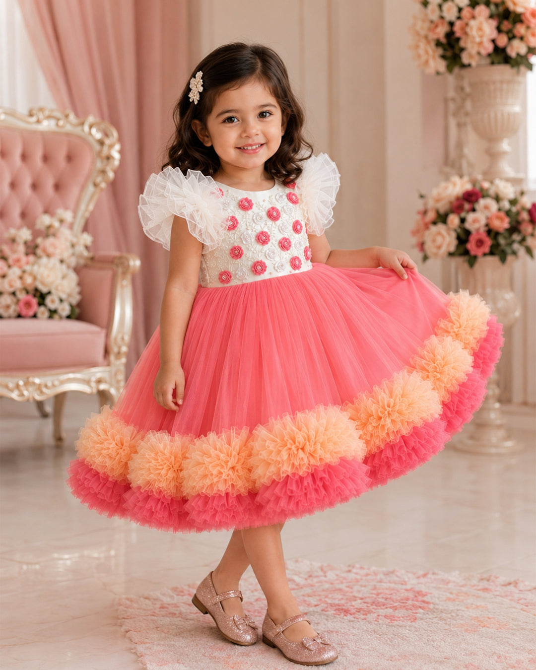 Peach off-white sequins handwork party wear frock for baby girls, ruffles birthday dress