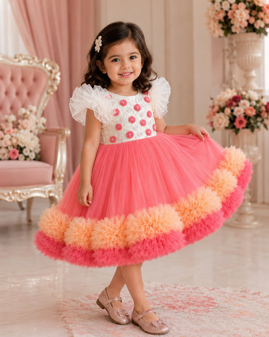 Peach off-white sequins handwork party wear frock for baby girls, ruffles birthday dress