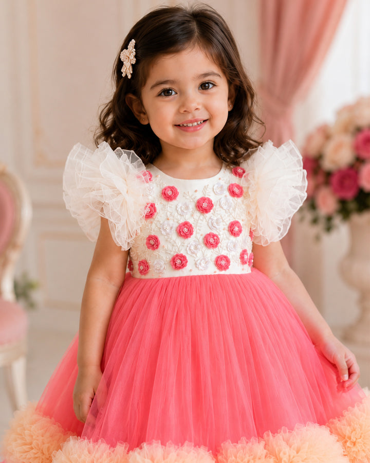 Peach off-white sequins handwork party wear frock for baby girls, ruffles birthday dress
