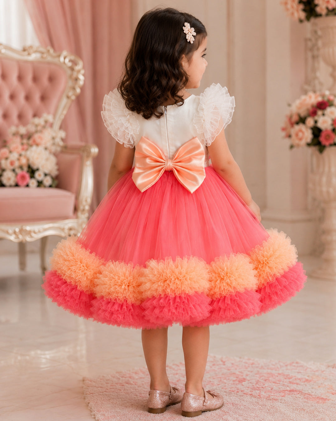Peach off-white sequins handwork party wear frock for baby girls, ruffles birthday dress