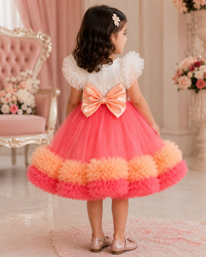 Peach off-white sequins handwork party wear frock for baby girls, ruffles birthday dress