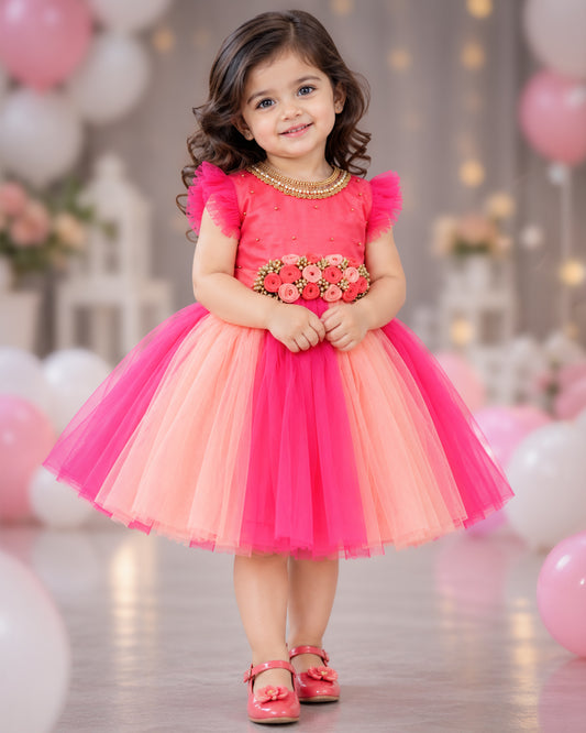 Peach Pink Baby Girls Birthday Dress - Handwork Flower Party Frock
