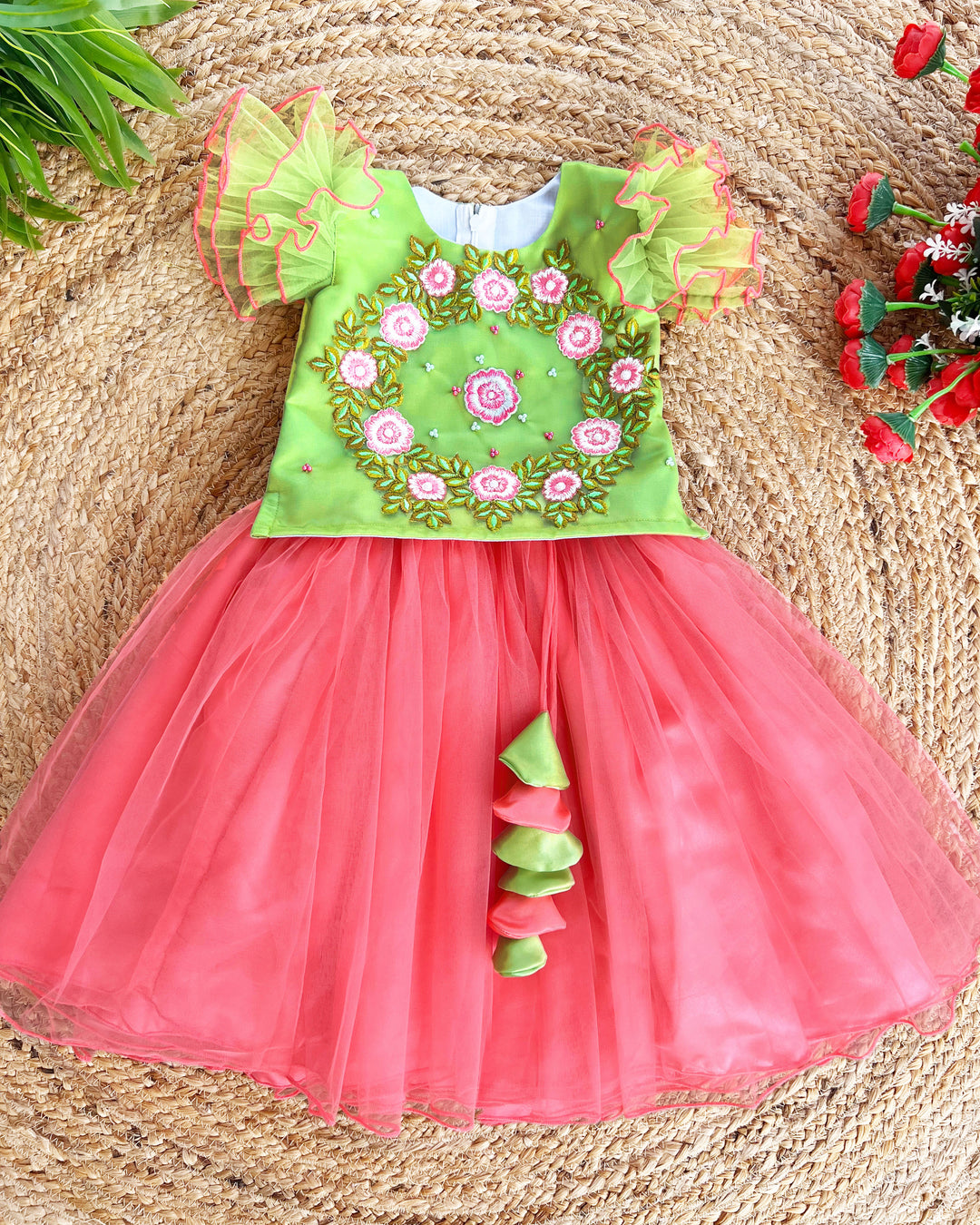 Peach Pista Green Floral Hand Embroidery Skirt and Top for Baby Girls