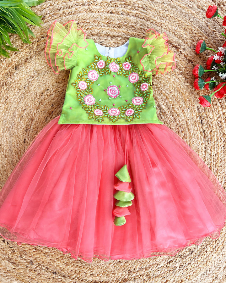 Peach Pista Green Floral Hand Embroidery Skirt and Top for Baby Girls