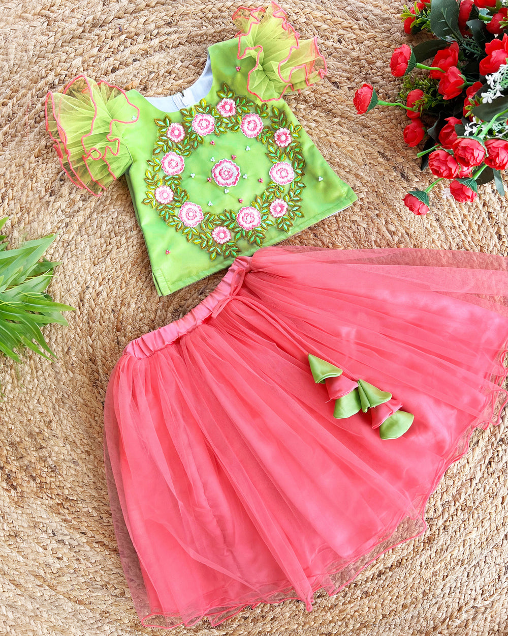 Peach Pista Green Floral Hand Embroidery Skirt and Top for Baby Girls