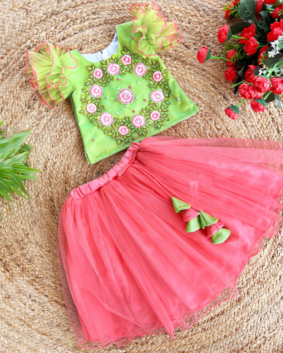 Peach Pista Green Floral Hand Embroidery Skirt and Top for Baby Girls