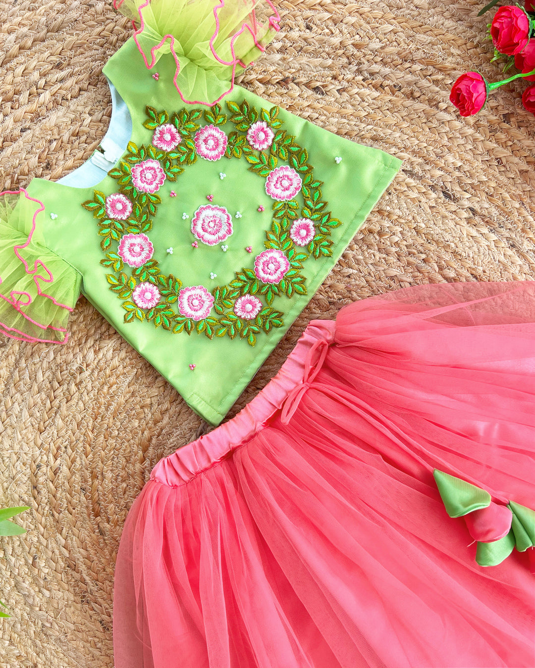 Peach Pista Green Floral Hand Embroidery Skirt and Top for Baby Girls