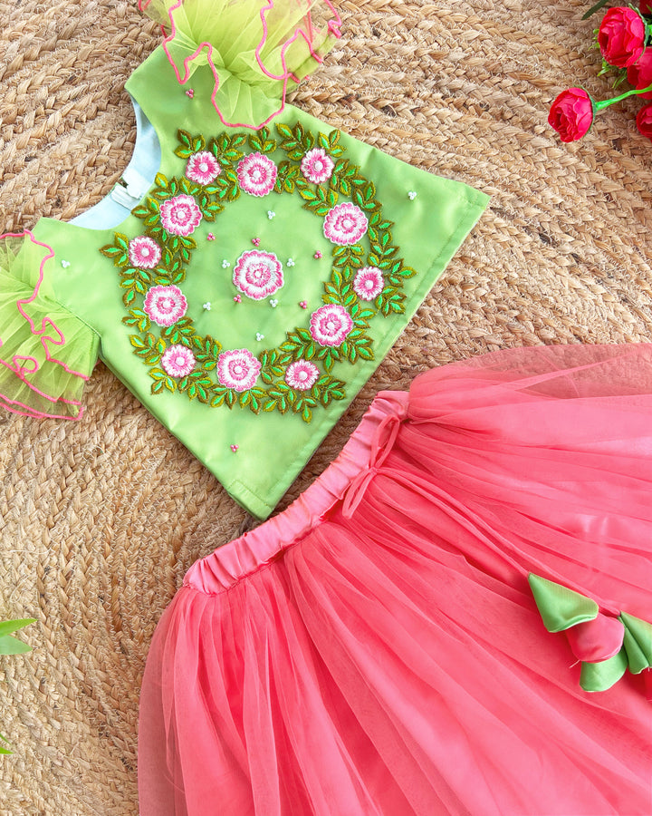 Peach Pista Green Floral Hand Embroidery Skirt and Top for Baby Girls